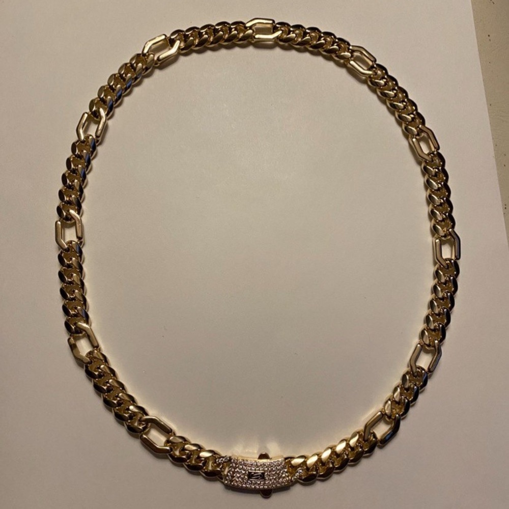 Figaro Monaco link 10mm Chain Icy   CZ Clasp 14k Gold Plated St Steel